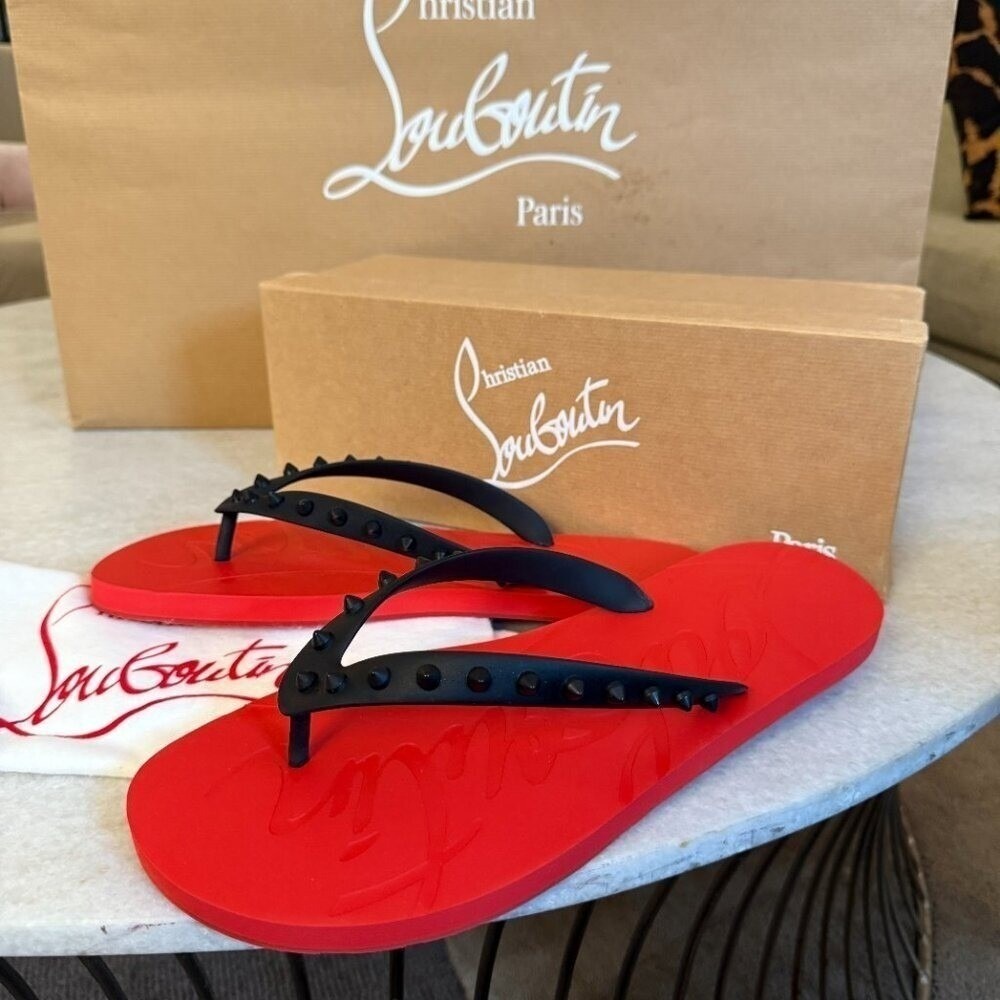 CHRISTIAN LOUBOUTIN 1201016 Mens Loubi Spiked Red/Back Rubber Flip Flops, 46 - Picture 6 of 10